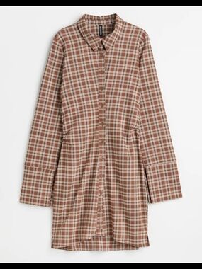 H&M Brown and Cream Plaid Long Sleeve Shirt Dress